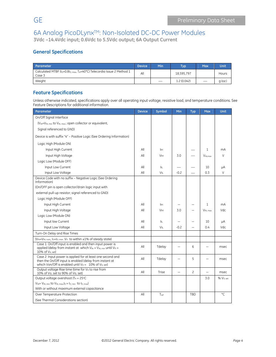 6a analog picodlynx, Non-isolated dc-dc power modules, Preliminary data sheet | General specifications, Feature specifications | GE Industrial Solutions 6A Analog PicoDLynx User Manual | Page 4 / 23