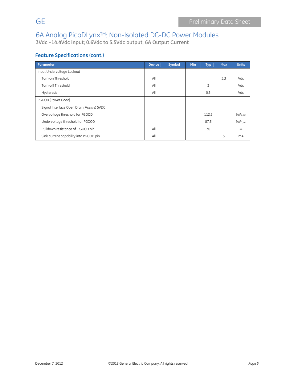 6a analog picodlynx, Non-isolated dc-dc power modules, Preliminary data sheet | Feature specifications (cont.) | GE Industrial Solutions 6A Analog PicoDLynx User Manual | Page 5 / 23