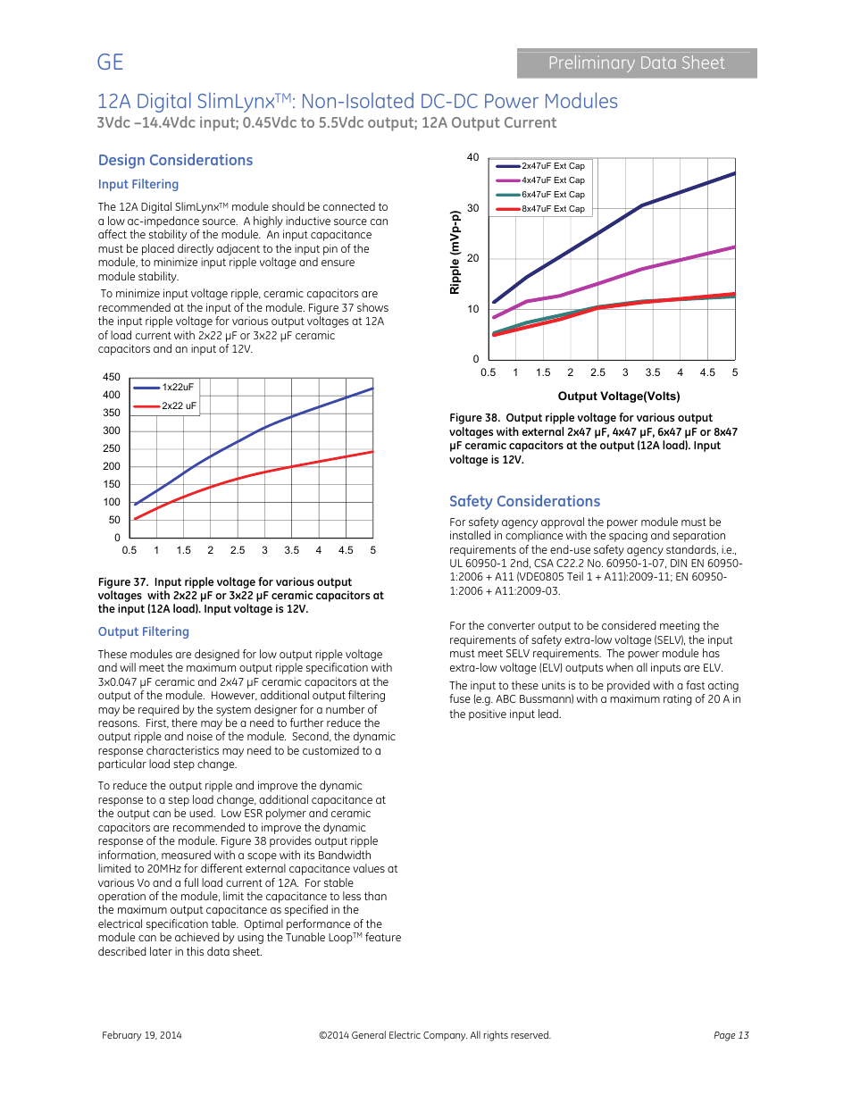 12a digital slimlynx, Non-isolated dc-dc power modules, Preliminary data sheet | Design considerations, Safety considerations | GE Industrial Solutions 12A Digital SlimLynx User Manual | Page 13 / 40