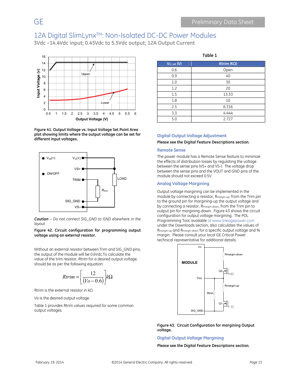 12a digital slimlynx, Non-isolated dc-dc power modules, Preliminary data sheet | Ω      − = k vo rtrim 6 . 0 12 | GE Industrial Solutions 12A Digital SlimLynx User Manual | Page 15 / 40