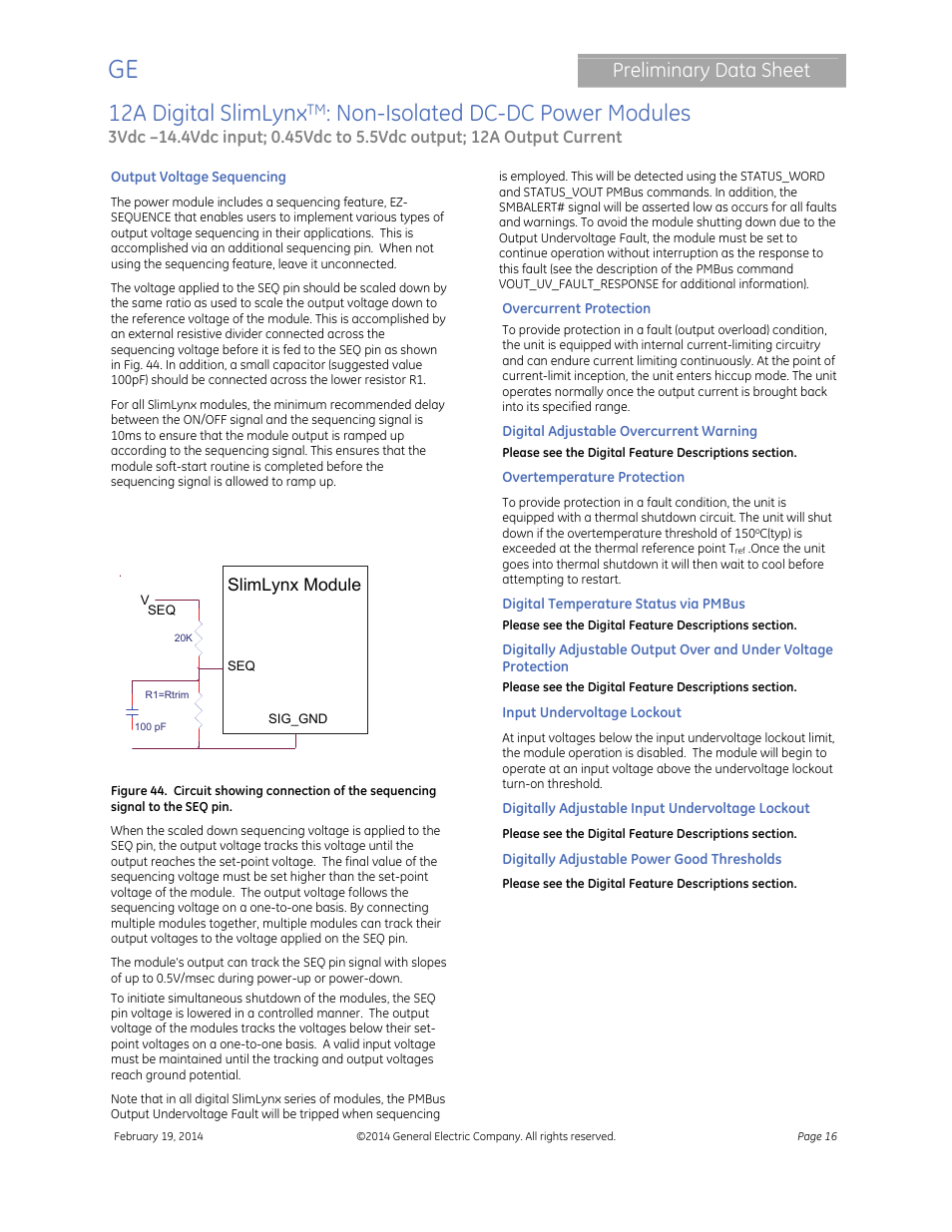12a digital slimlynx, Non-isolated dc-dc power modules, Preliminary data sheet | Slimlynx module | GE Industrial Solutions 12A Digital SlimLynx User Manual | Page 16 / 40