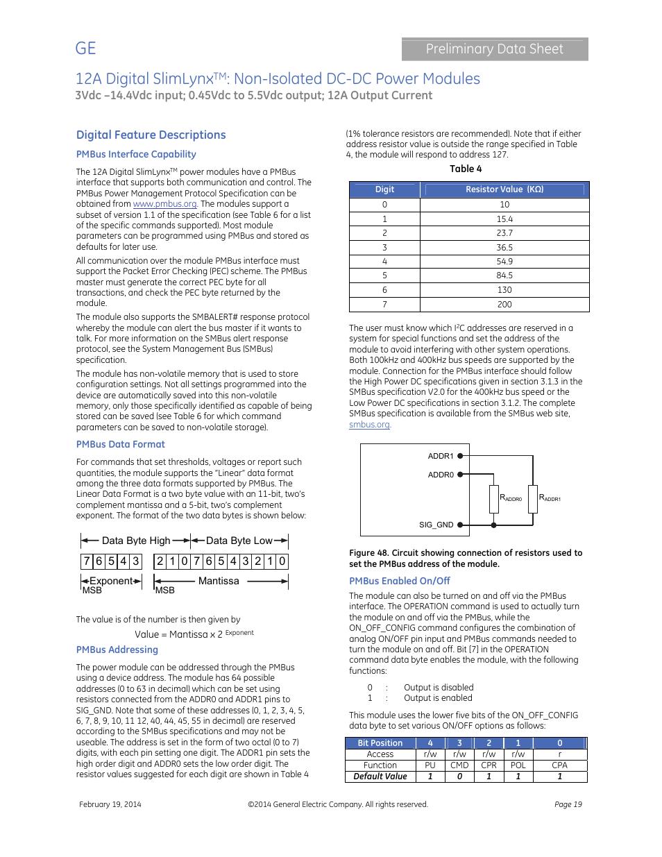 12a digital slimlynx, Non-isolated dc-dc power modules, Preliminary data sheet | Digital feature descriptions | GE Industrial Solutions 12A Digital SlimLynx User Manual | Page 19 / 40