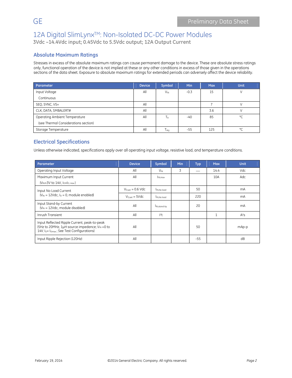 12a digital slimlynx, Non-isolated dc-dc power modules, Preliminary data sheet | Absolute maximum ratings, Electrical specifications | GE Industrial Solutions 12A Digital SlimLynx User Manual | Page 2 / 40