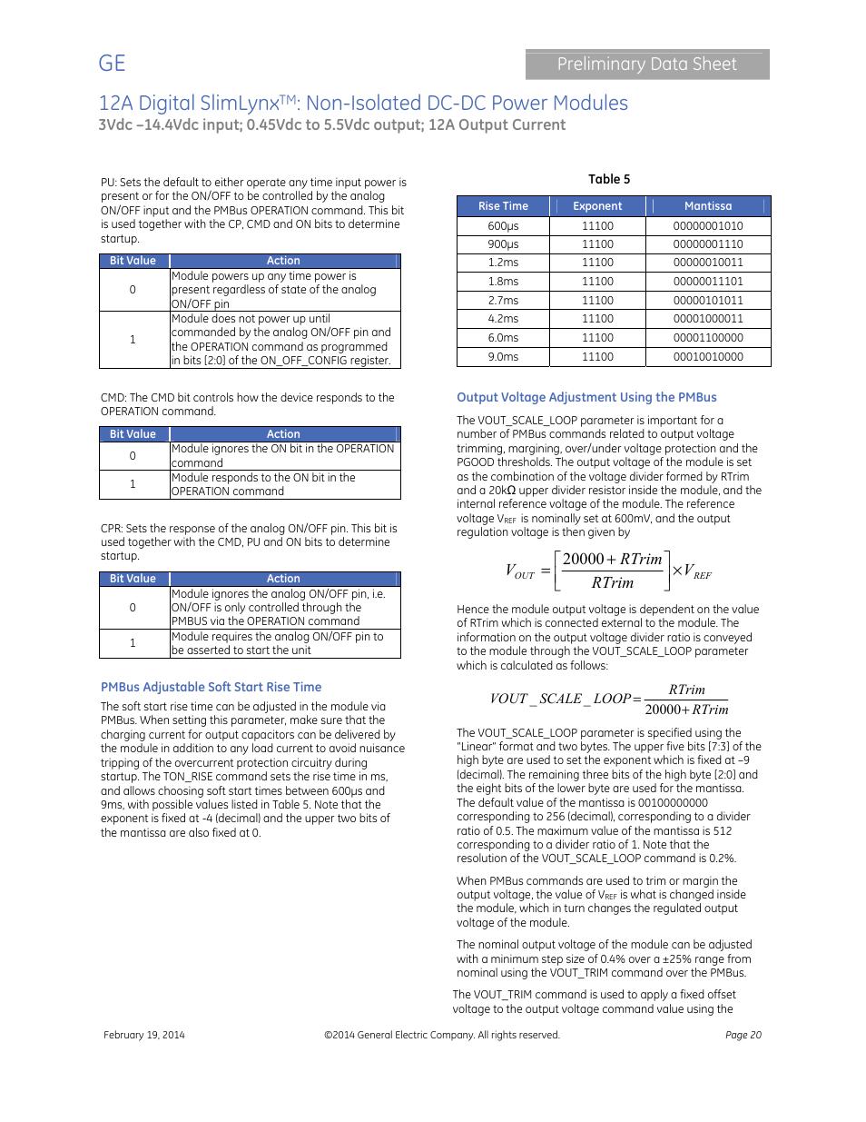 12a digital slimlynx, Non-isolated dc-dc power modules, Preliminary data sheet | GE Industrial Solutions 12A Digital SlimLynx User Manual | Page 20 / 40