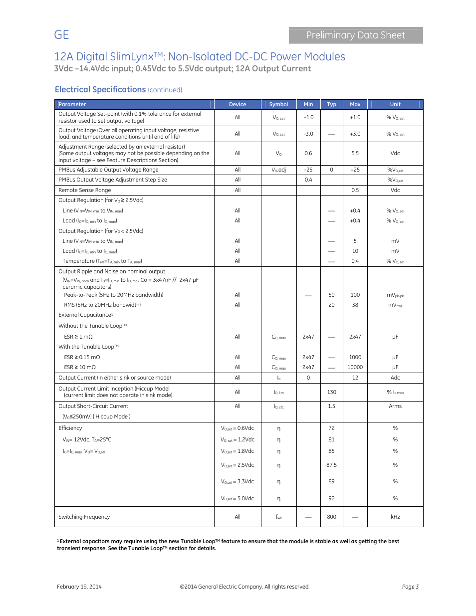 12a digital slimlynx, Non-isolated dc-dc power modules, Preliminary data sheet | Electrical specifications, Continued) | GE Industrial Solutions 12A Digital SlimLynx User Manual | Page 3 / 40
