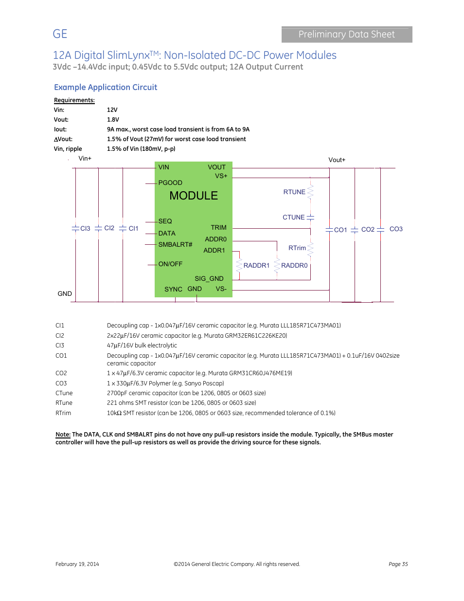 12a digital slimlynx, Non-isolated dc-dc power modules, Module | Preliminary data sheet | GE Industrial Solutions 12A Digital SlimLynx User Manual | Page 35 / 40