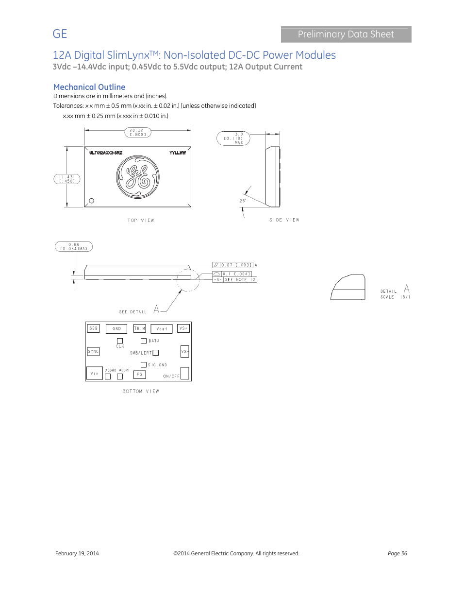 12a digital slimlynx, Non-isolated dc-dc power modules, Preliminary data sheet | GE Industrial Solutions 12A Digital SlimLynx User Manual | Page 36 / 40