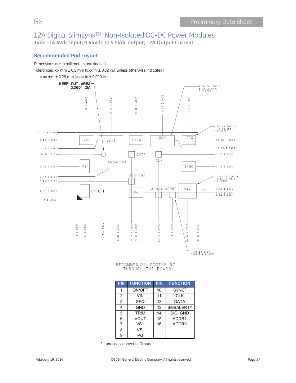 12a digital slimlynx, Non-isolated dc-dc power modules, Preliminary data sheet | GE Industrial Solutions 12A Digital SlimLynx User Manual | Page 37 / 40