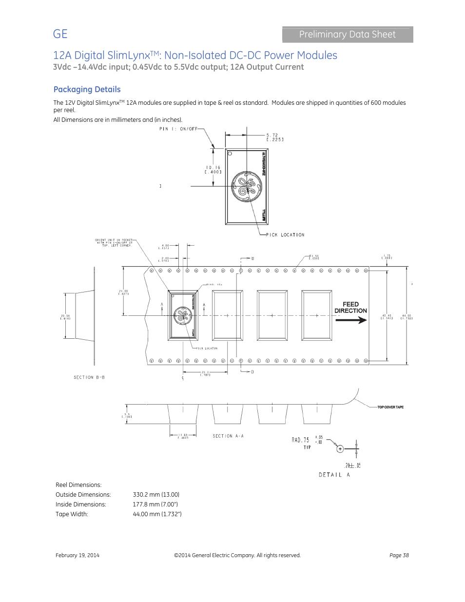 12a digital slimlynx, Non-isolated dc-dc power modules, Preliminary data sheet | GE Industrial Solutions 12A Digital SlimLynx User Manual | Page 38 / 40