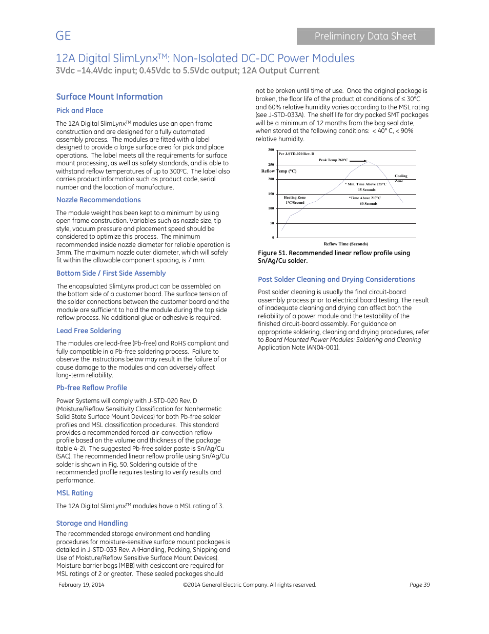 12a digital slimlynx, Non-isolated dc-dc power modules, Preliminary data sheet | Surface mount information | GE Industrial Solutions 12A Digital SlimLynx User Manual | Page 39 / 40
