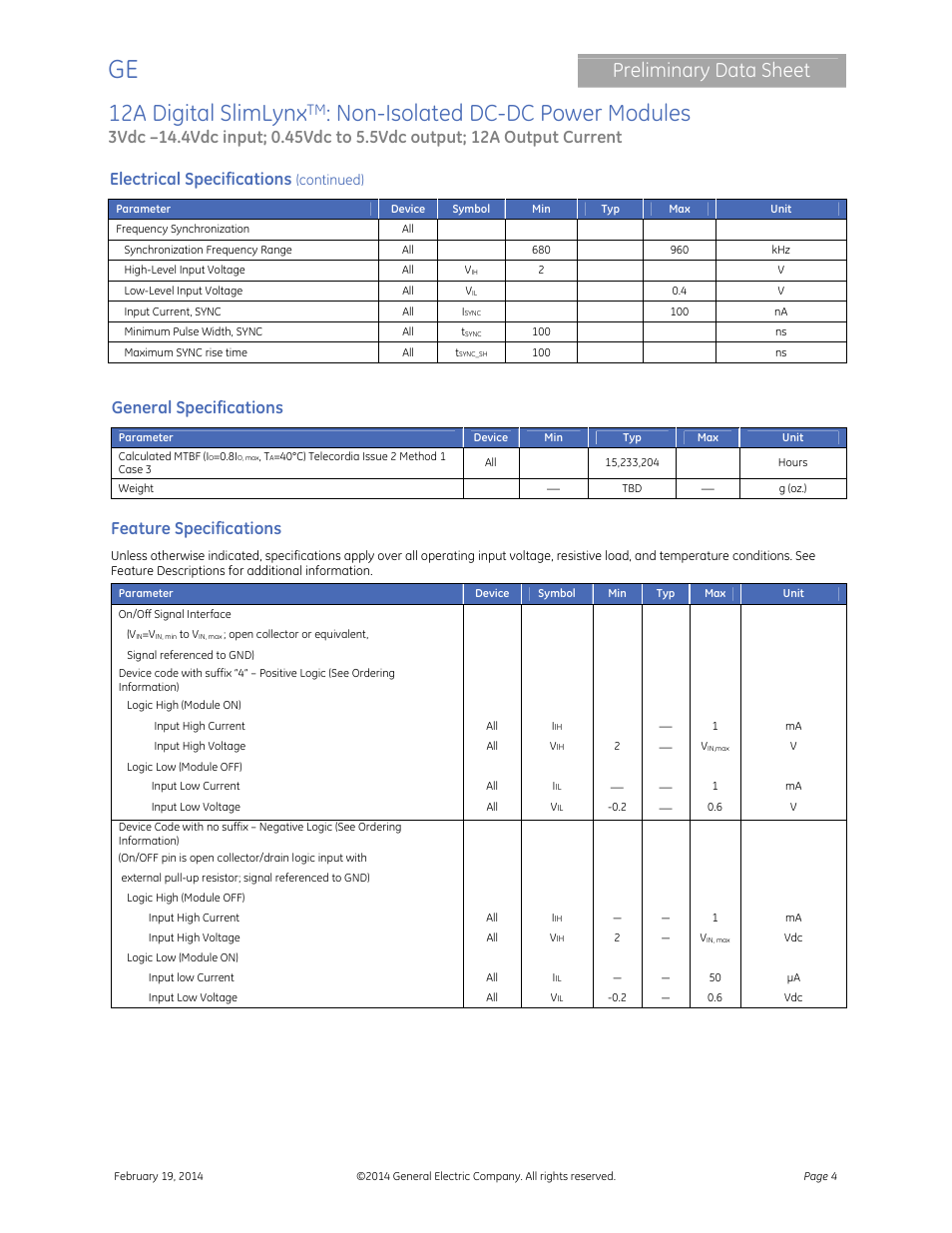12a digital slimlynx, Non-isolated dc-dc power modules, Preliminary data sheet | Electrical specifications, General specifications, Feature specifications | GE Industrial Solutions 12A Digital SlimLynx User Manual | Page 4 / 40