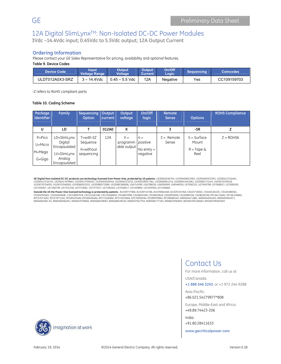 Contact us, 12a digital slimlynx, Non-isolated dc-dc power modules | Preliminary data sheet, Ordering information | GE Industrial Solutions 12A Digital SlimLynx User Manual | Page 40 / 40