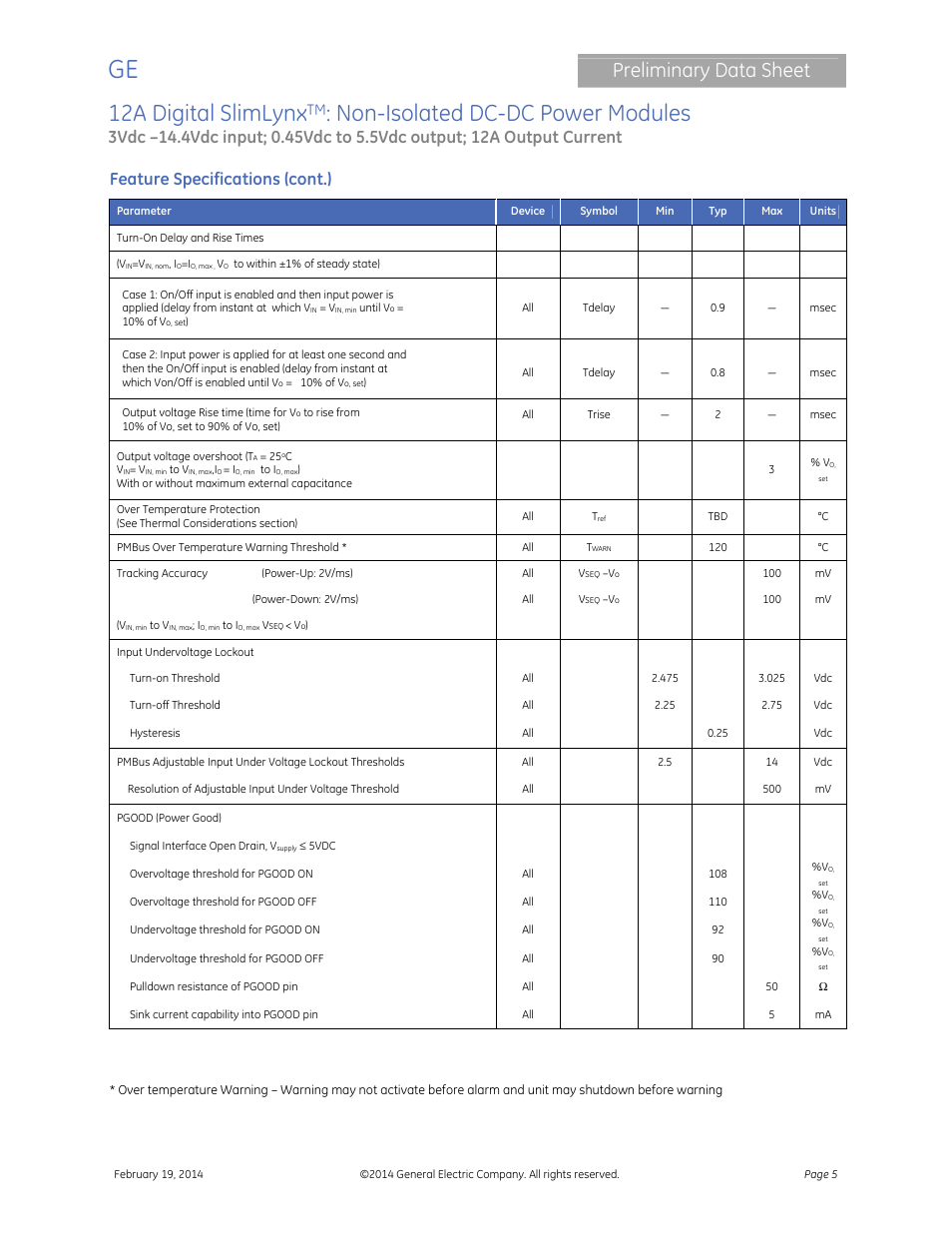 12a digital slimlynx, Non-isolated dc-dc power modules, Preliminary data sheet | Feature specifications (cont.) | GE Industrial Solutions 12A Digital SlimLynx User Manual | Page 5 / 40