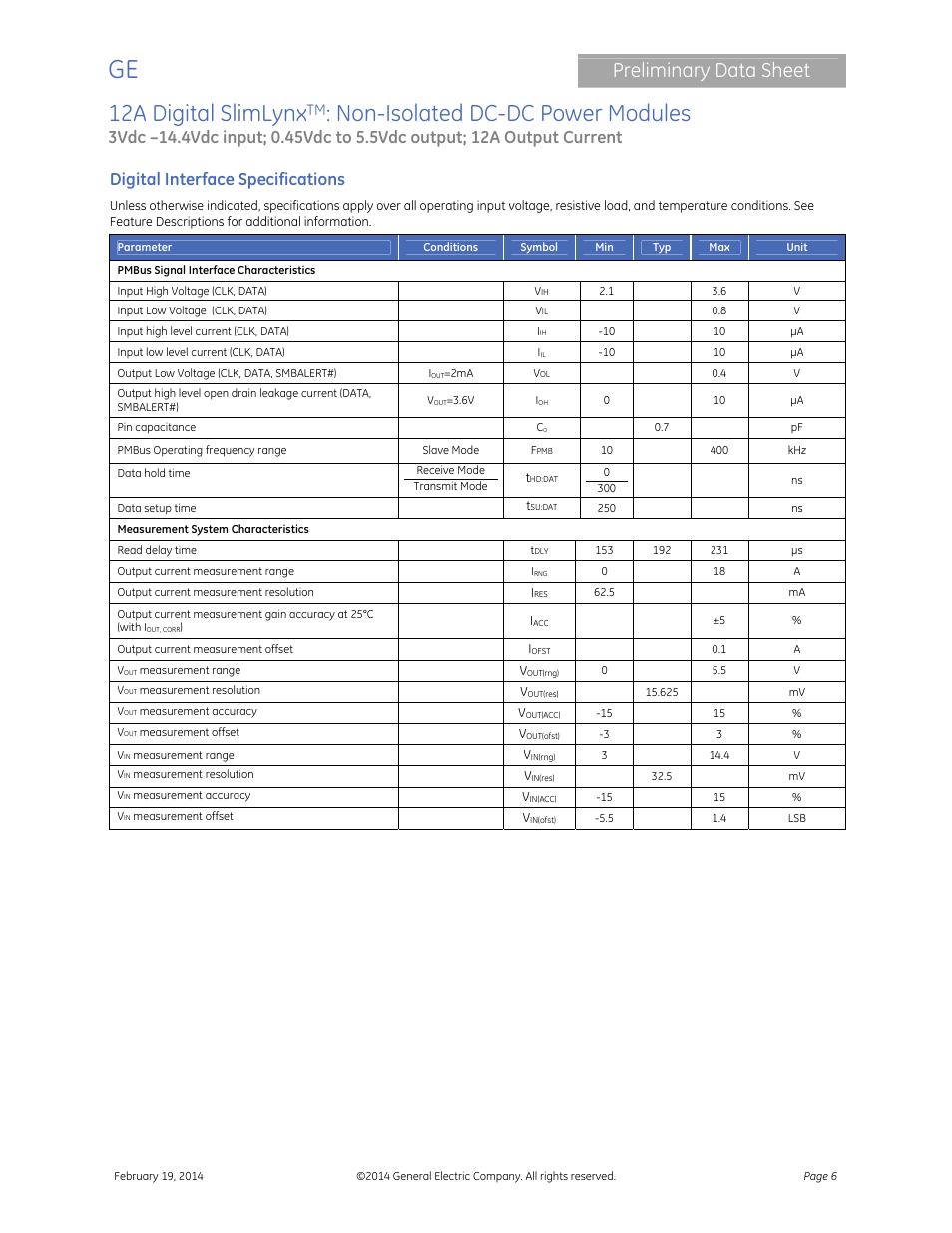 12a digital slimlynx, Non-isolated dc-dc power modules, Preliminary data sheet | Digital interface specifications | GE Industrial Solutions 12A Digital SlimLynx User Manual | Page 6 / 40