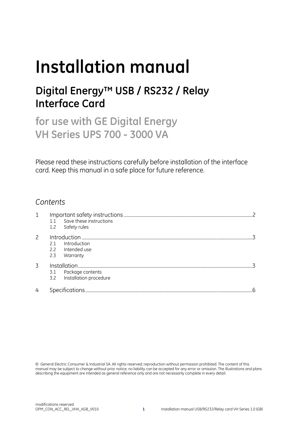 GE Industrial Solutions Digital Energy USB_RS232_Relay Interface Card User Manual | Page 2 / 7
