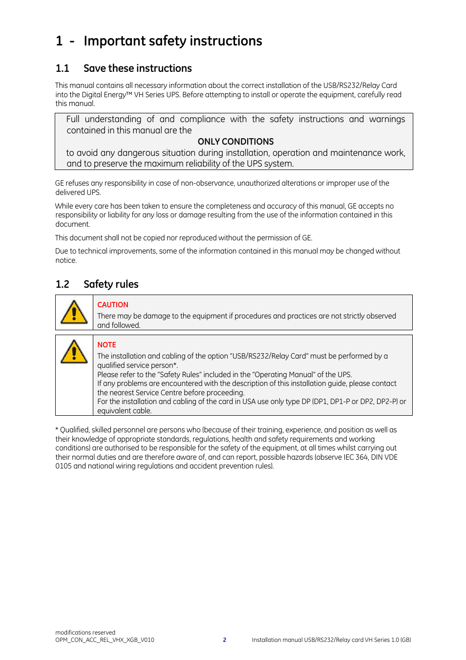 1 - important safety instructions, 1 save these instructions, 2 safety rules | GE Industrial Solutions Digital Energy USB_RS232_Relay Interface Card User Manual | Page 3 / 7