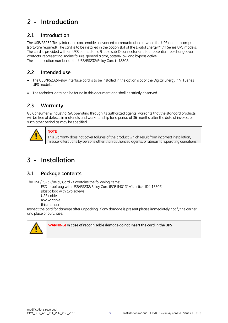 2 - introduction, 1 introduction, 2 intended use | 3 warranty, 3 - installation, 1 package contents | GE Industrial Solutions Digital Energy USB_RS232_Relay Interface Card User Manual | Page 4 / 7