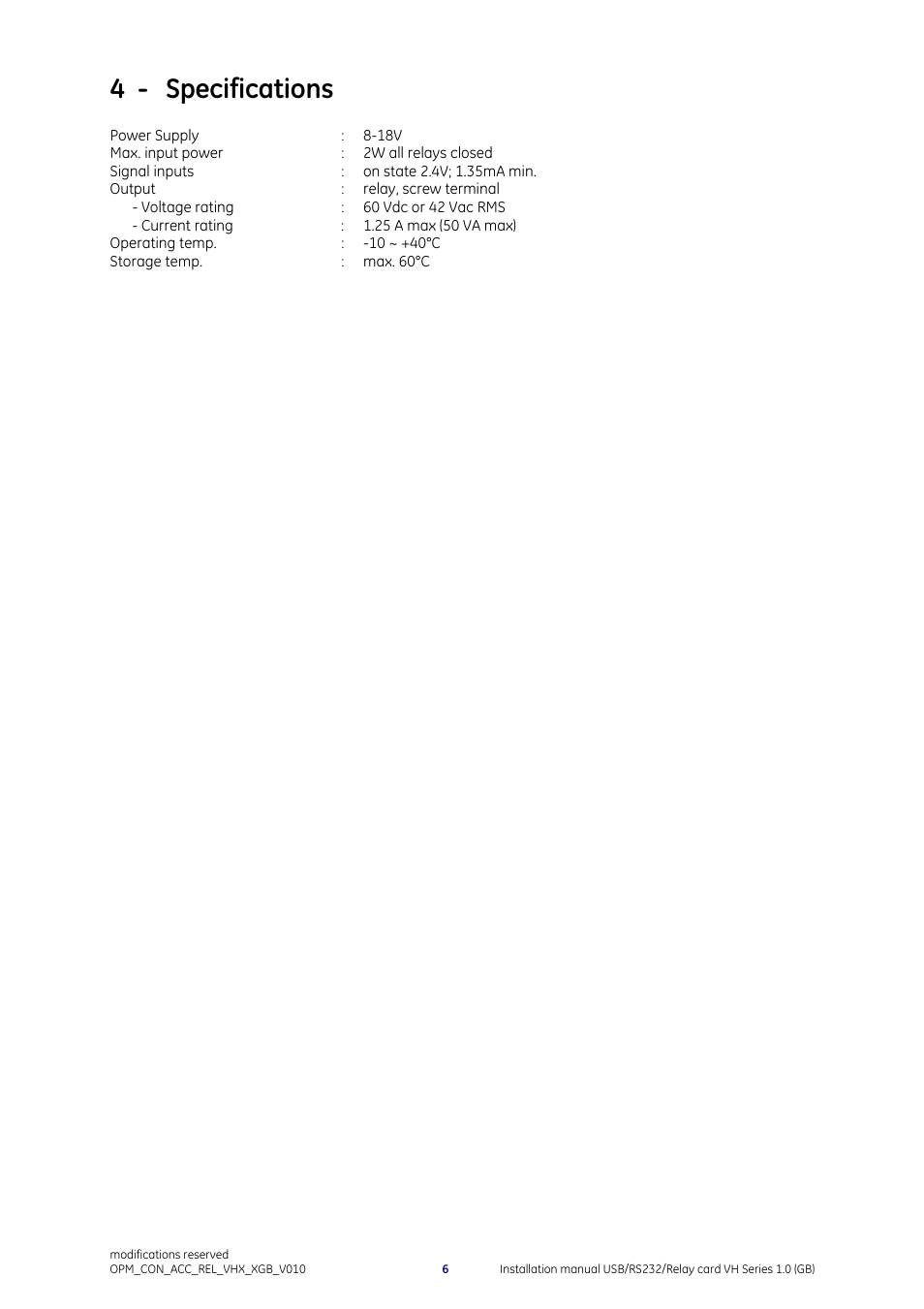 4 - specifications | GE Industrial Solutions Digital Energy USB_RS232_Relay Interface Card User Manual | Page 7 / 7