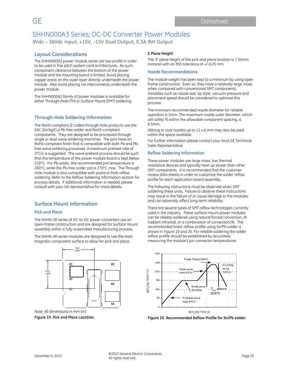 Shhn000a3 series; dc-dc converter power modules, Datasheet, Layout considerations | Surface mount information, Through-hole soldering information | GE Industrial Solutions SHHN000A3 HAMMERHEAD Series User Manual | Page 10 / 16