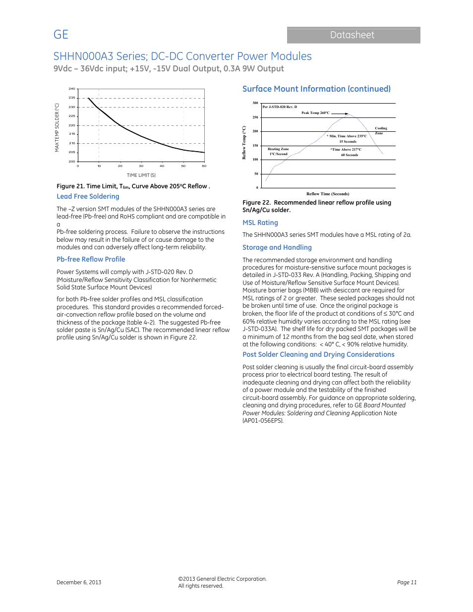 Shhn000a3 series; dc-dc converter power modules, Datasheet, Surface mount information (continued) | GE Industrial Solutions SHHN000A3 HAMMERHEAD Series User Manual | Page 11 / 16