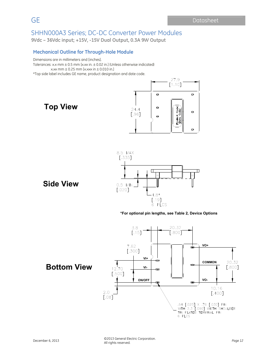 Top view side view bottom view, Shhn000a3 series; dc-dc converter power modules, Datasheet | GE Industrial Solutions SHHN000A3 HAMMERHEAD Series User Manual | Page 12 / 16