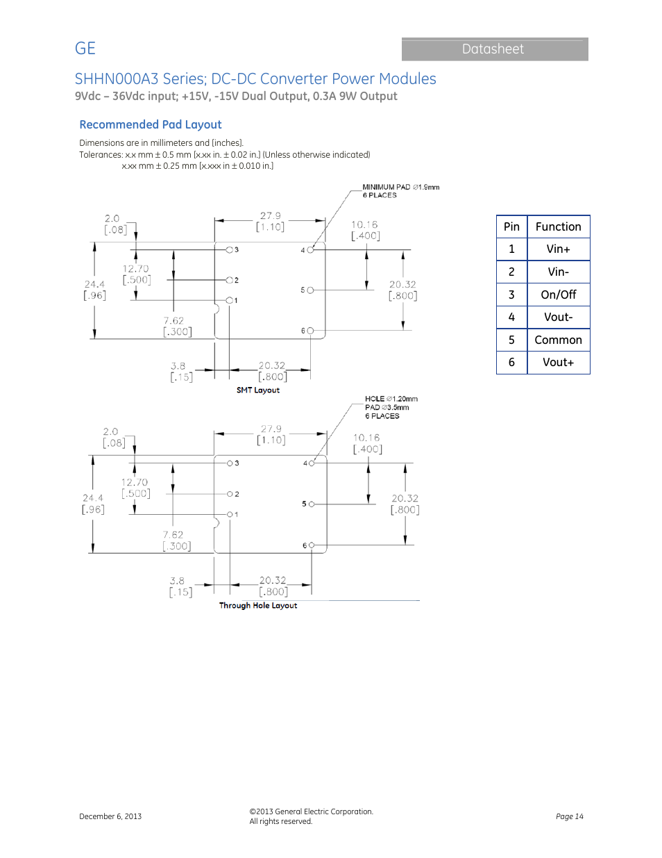 Shhn000a3 series; dc-dc converter power modules, Datasheet | GE Industrial Solutions SHHN000A3 HAMMERHEAD Series User Manual | Page 14 / 16
