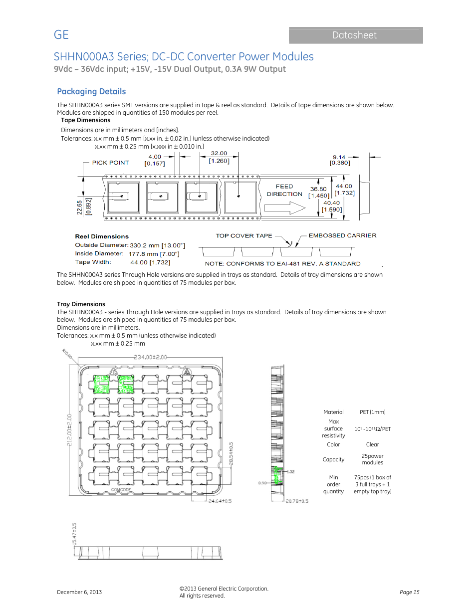 Shhn000a3 series; dc-dc converter power modules, Datasheet, Packaging details | GE Industrial Solutions SHHN000A3 HAMMERHEAD Series User Manual | Page 15 / 16