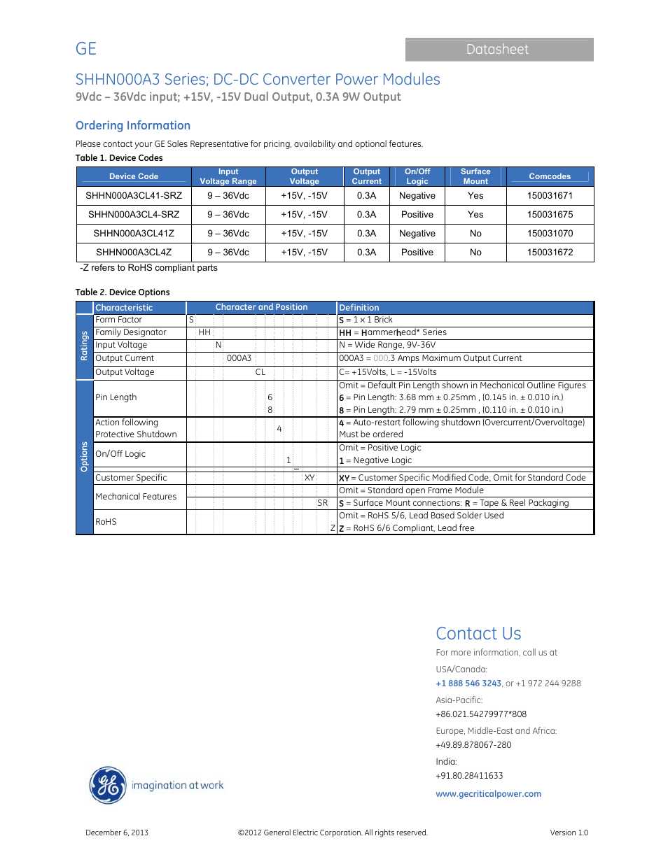Contact us, Shhn000a3 series; dc-dc converter power modules, Datasheet | Ordering information | GE Industrial Solutions SHHN000A3 HAMMERHEAD Series User Manual | Page 16 / 16
