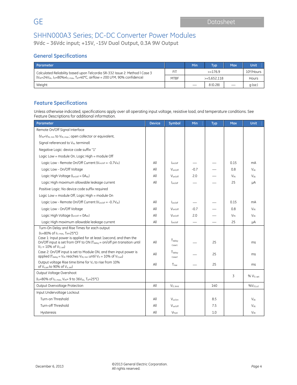 Shhn000a3 series; dc-dc converter power modules, Datasheet, General specifications | Feature specifications | GE Industrial Solutions SHHN000A3 HAMMERHEAD Series User Manual | Page 4 / 16