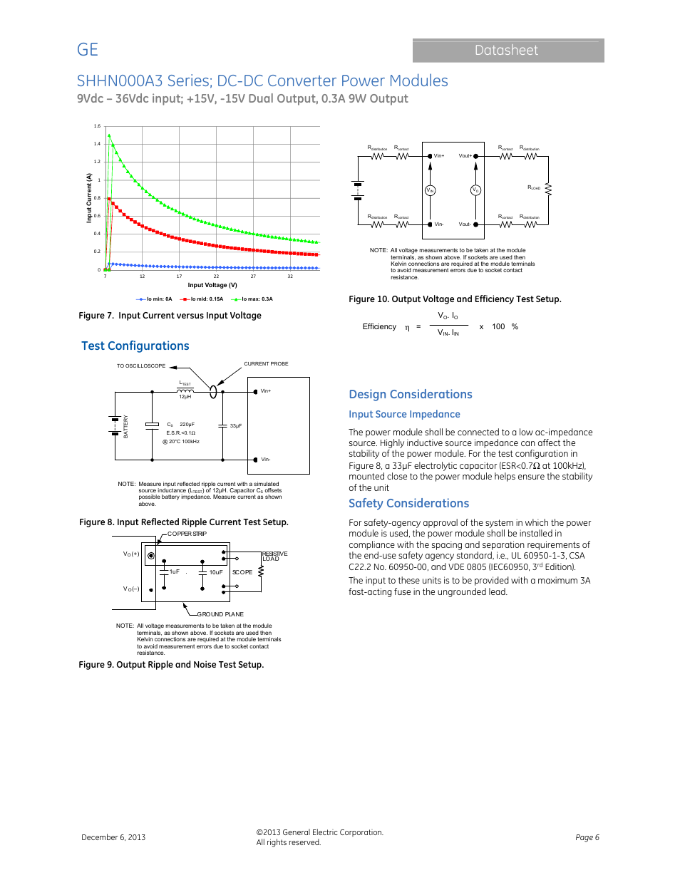 Shhn000a3 series; dc-dc converter power modules, Datasheet, Test configurations | Design considerations, Safety considerations, Input source impedance, Figure 7. input current versus input voltage, Figure 9. output ripple and noise test setup | GE Industrial Solutions SHHN000A3 HAMMERHEAD Series User Manual | Page 6 / 16
