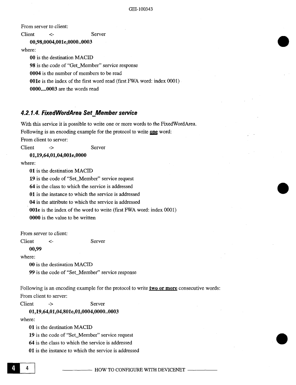 Hill, Fixedwordarea set_member service | GE Industrial Solutions OKCV3000CN DeviceNet User Manual | Page 22 / 64