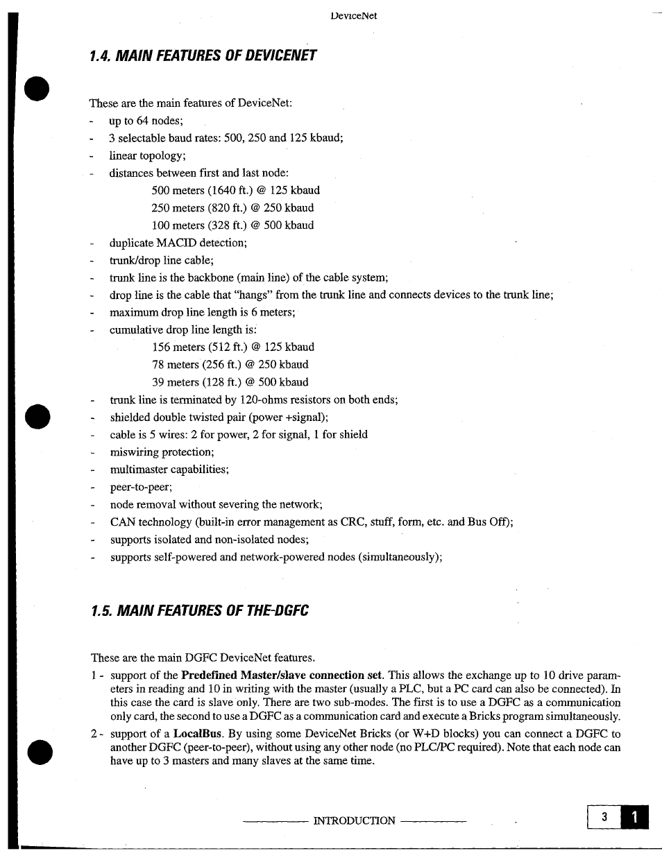 Lieu, Main features of devicenet, Main features of the—dgfc | GE Industrial Solutions OKCV3000CN DeviceNet User Manual | Page 9 / 64