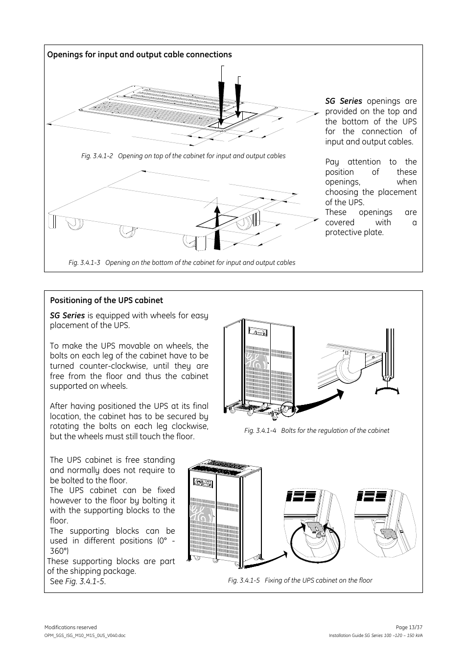 Openings for input and output cable connections, See fig. 3.4.1-5, Modifications reserved page 13/37 | GE Industrial Solutions SG Series 100 – 120 – 150 kVA Installation Guide User Manual | Page 13 / 37
