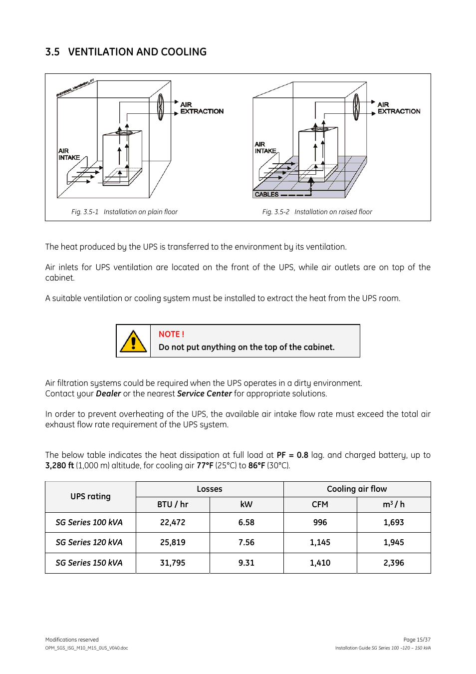 5 ventilation and cooling, Ventilation and cooling | GE Industrial Solutions SG Series 100 – 120 – 150 kVA Installation Guide User Manual | Page 15 / 37