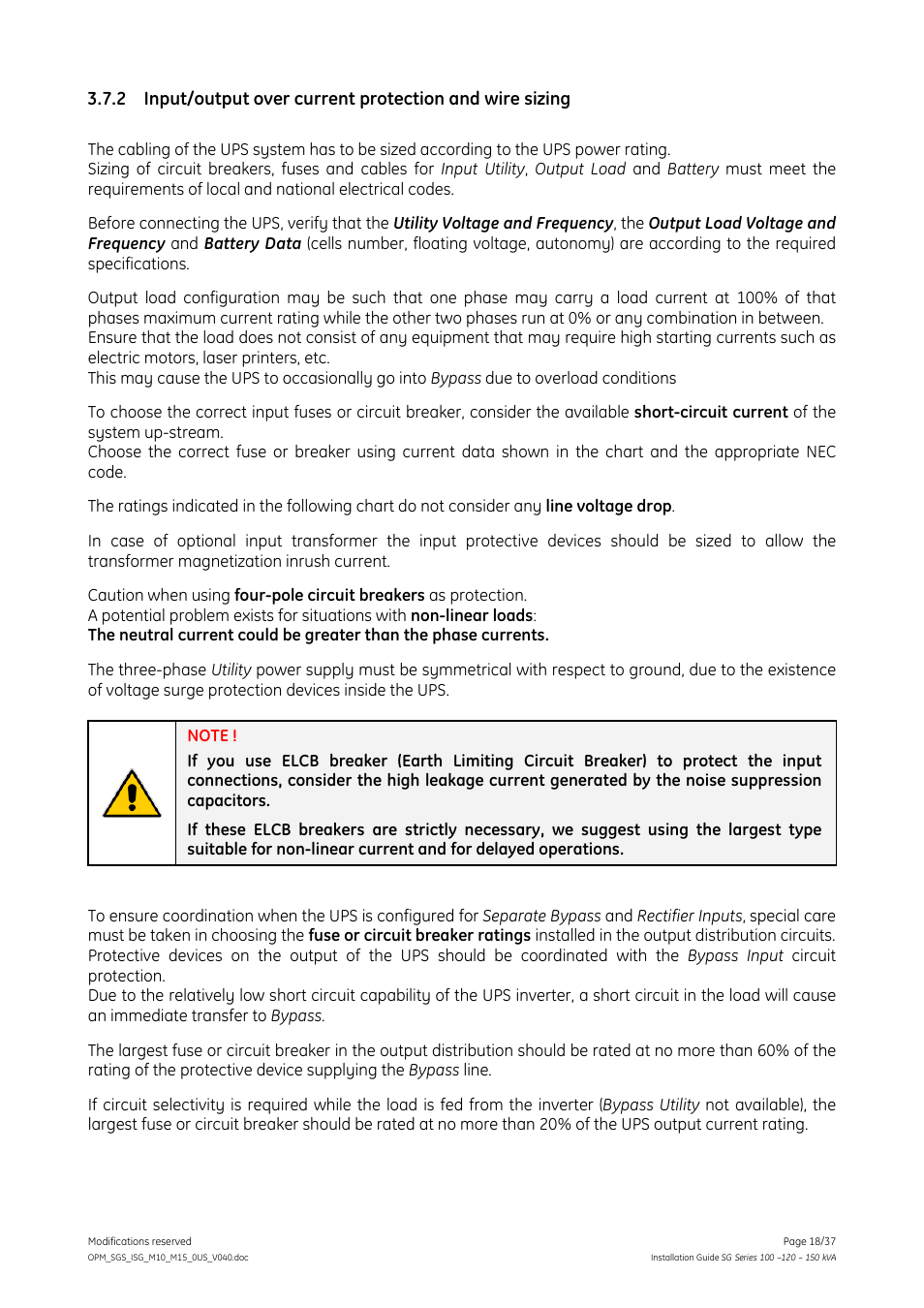 GE Industrial Solutions SG Series 100 – 120 – 150 kVA Installation Guide User Manual | Page 18 / 37