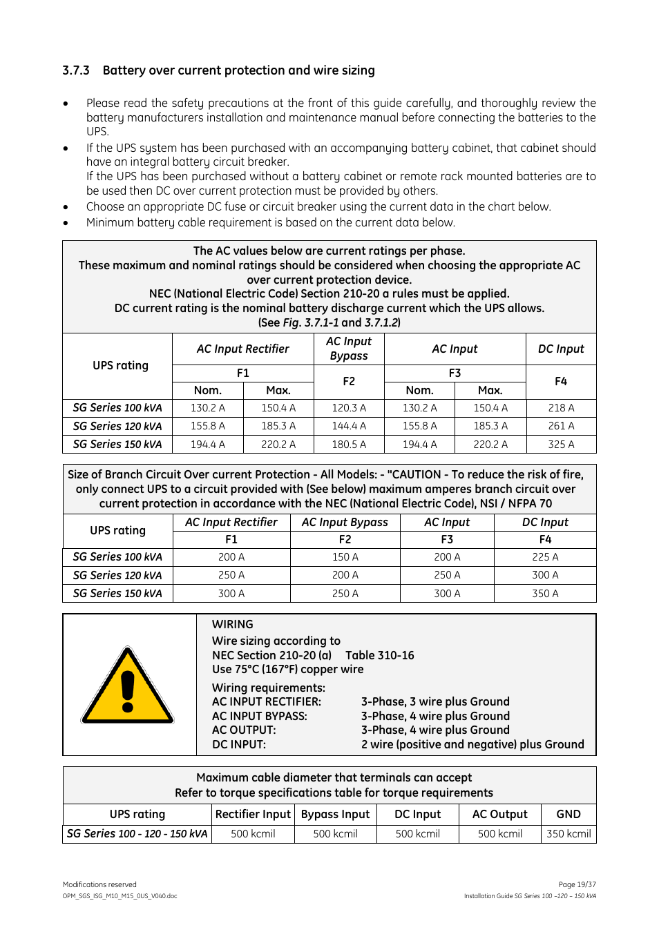 3 battery over current protection and wire sizing, Battery over current protection and wire sizing | GE Industrial Solutions SG Series 100 – 120 – 150 kVA Installation Guide User Manual | Page 19 / 37