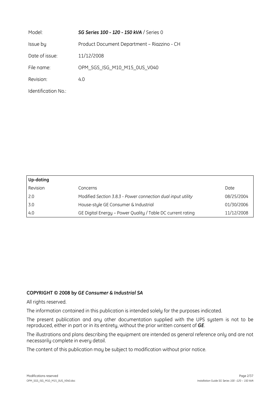 GE Industrial Solutions SG Series 100 – 120 – 150 kVA Installation Guide User Manual | Page 2 / 37