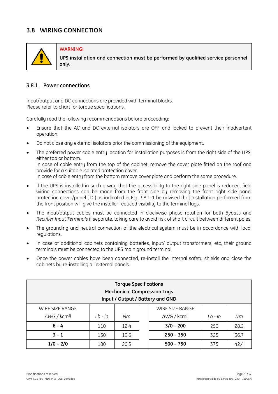 8 wiring connection, 1 power connections, Wiring connection | Power connections | GE Industrial Solutions SG Series 100 – 120 – 150 kVA Installation Guide User Manual | Page 21 / 37