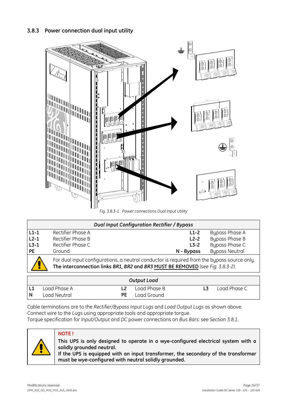 3 power connection dual input utility, Power connection dual input utility | GE Industrial Solutions SG Series 100 – 120 – 150 kVA Installation Guide User Manual | Page 24 / 37