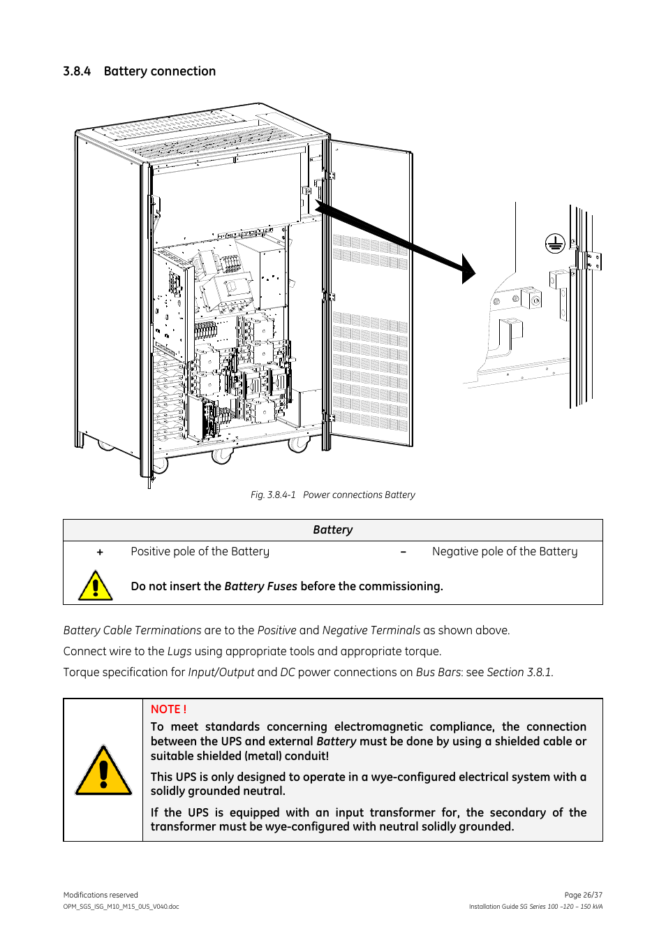 4 battery connection, Battery connection, Battery | GE Industrial Solutions SG Series 100 – 120 – 150 kVA Installation Guide User Manual | Page 26 / 37