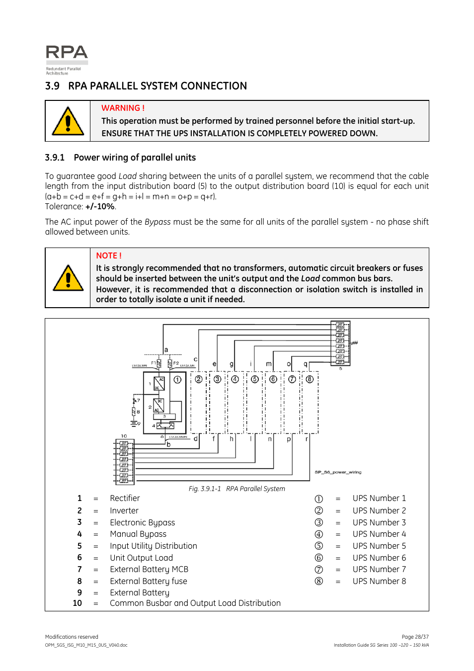 9 rpa parallel system connection, 1 power wiring of parallel units, Rpa parallel system connection | Power wiring of parallel units | GE Industrial Solutions SG Series 100 – 120 – 150 kVA Installation Guide User Manual | Page 28 / 37