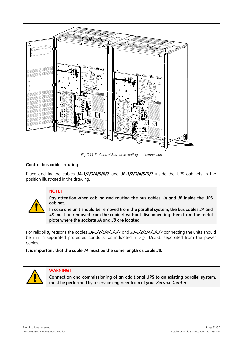 Ups 1 ups 2, Service center, Control bus cables routing | GE Industrial Solutions SG Series 100 – 120 – 150 kVA Installation Guide User Manual | Page 32 / 37