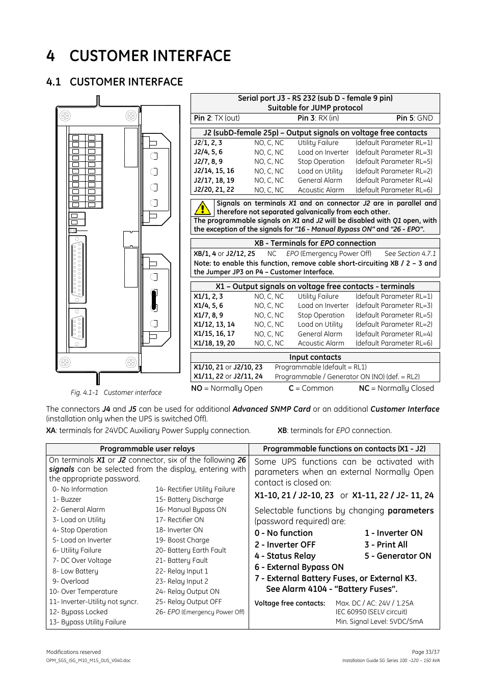 4 customer interface, 1 customer interface, Customer interface | X1 j2 j3 | GE Industrial Solutions SG Series 100 – 120 – 150 kVA Installation Guide User Manual | Page 33 / 37