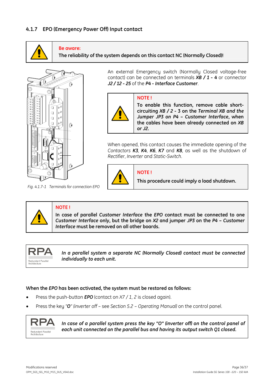 7 epo (emergency power off) input contact, Epo (emergency power off) input contact, Jp3 xb j2 | GE Industrial Solutions SG Series 100 – 120 – 150 kVA Installation Guide User Manual | Page 36 / 37