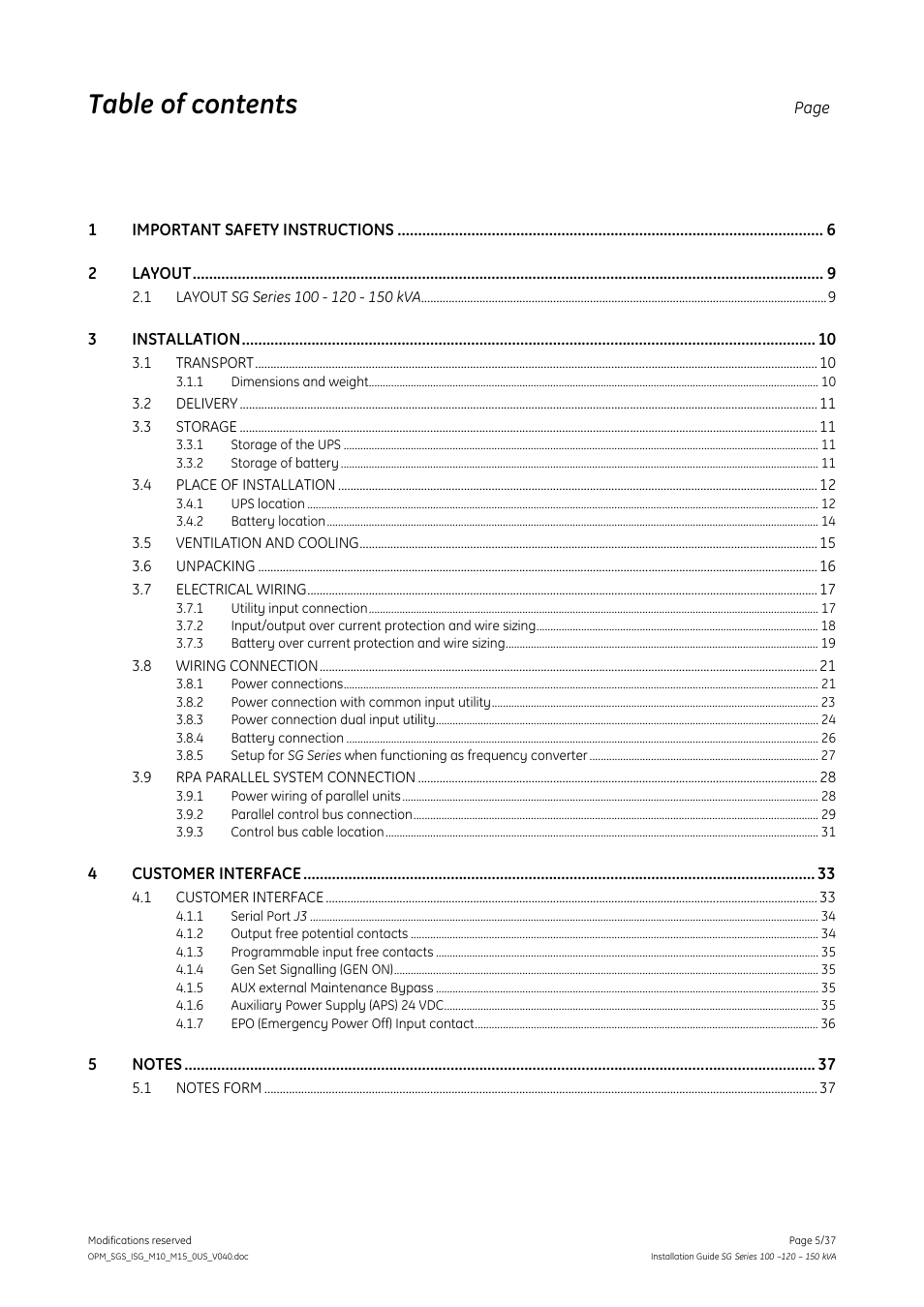 GE Industrial Solutions SG Series 100 – 120 – 150 kVA Installation Guide User Manual | Page 5 / 37
