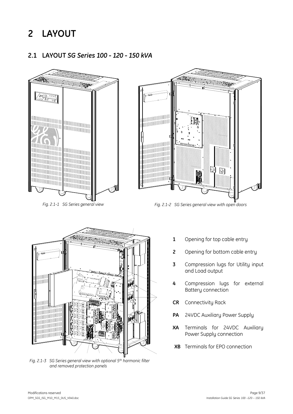 2 layout, 1 layout sg series 100 - 120 - 150 kva, Layout | Layout sg series 100 - 120 - 150 kva | GE Industrial Solutions SG Series 100 – 120 – 150 kVA Installation Guide User Manual | Page 9 / 37