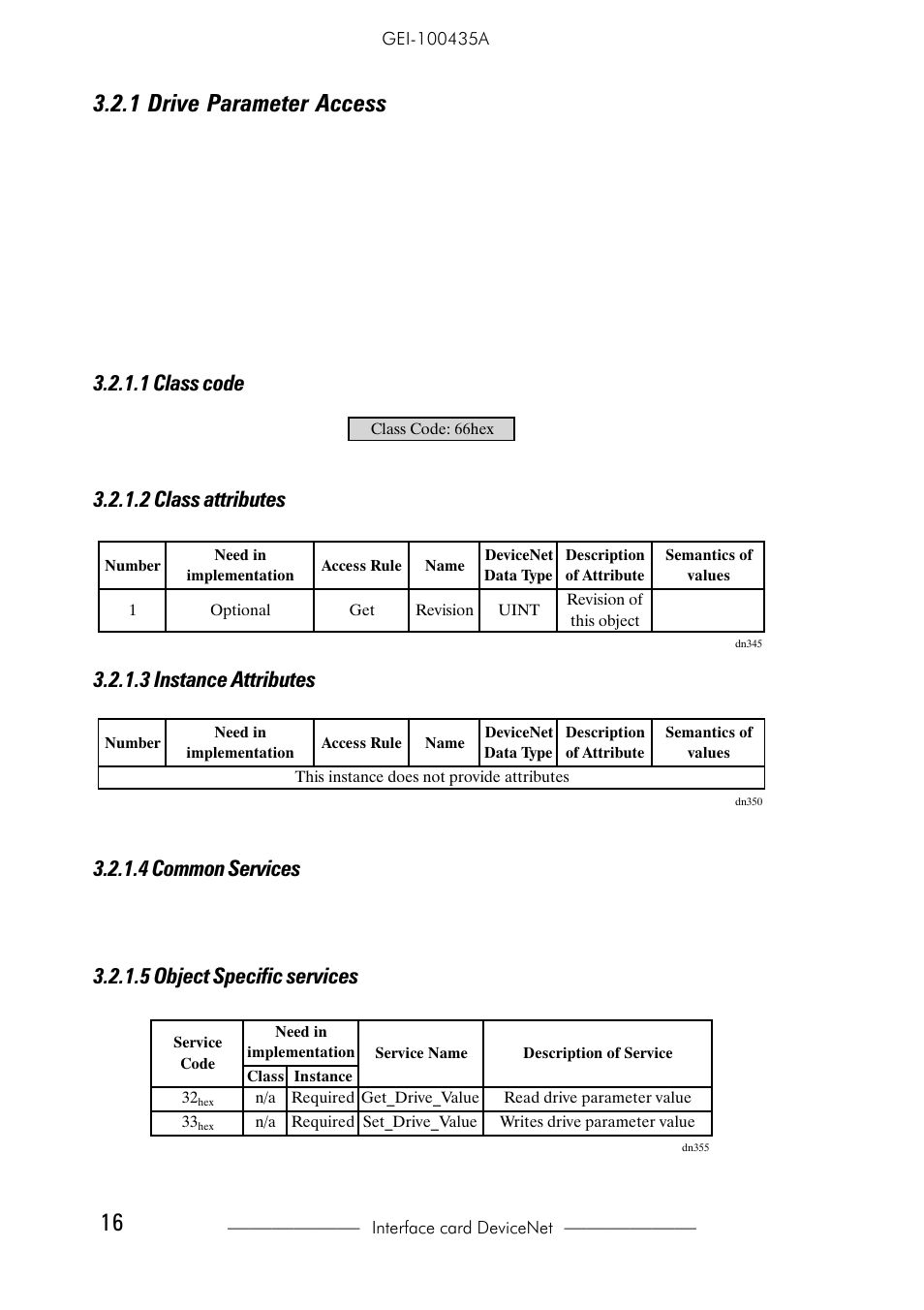 1 drive parameter access, 1 class code, 2 class attributes | 3 instance attributes, 4 common services, 5 object specific services | GE Industrial Solutions 6KCV301DNET User Manual | Page 16 / 36