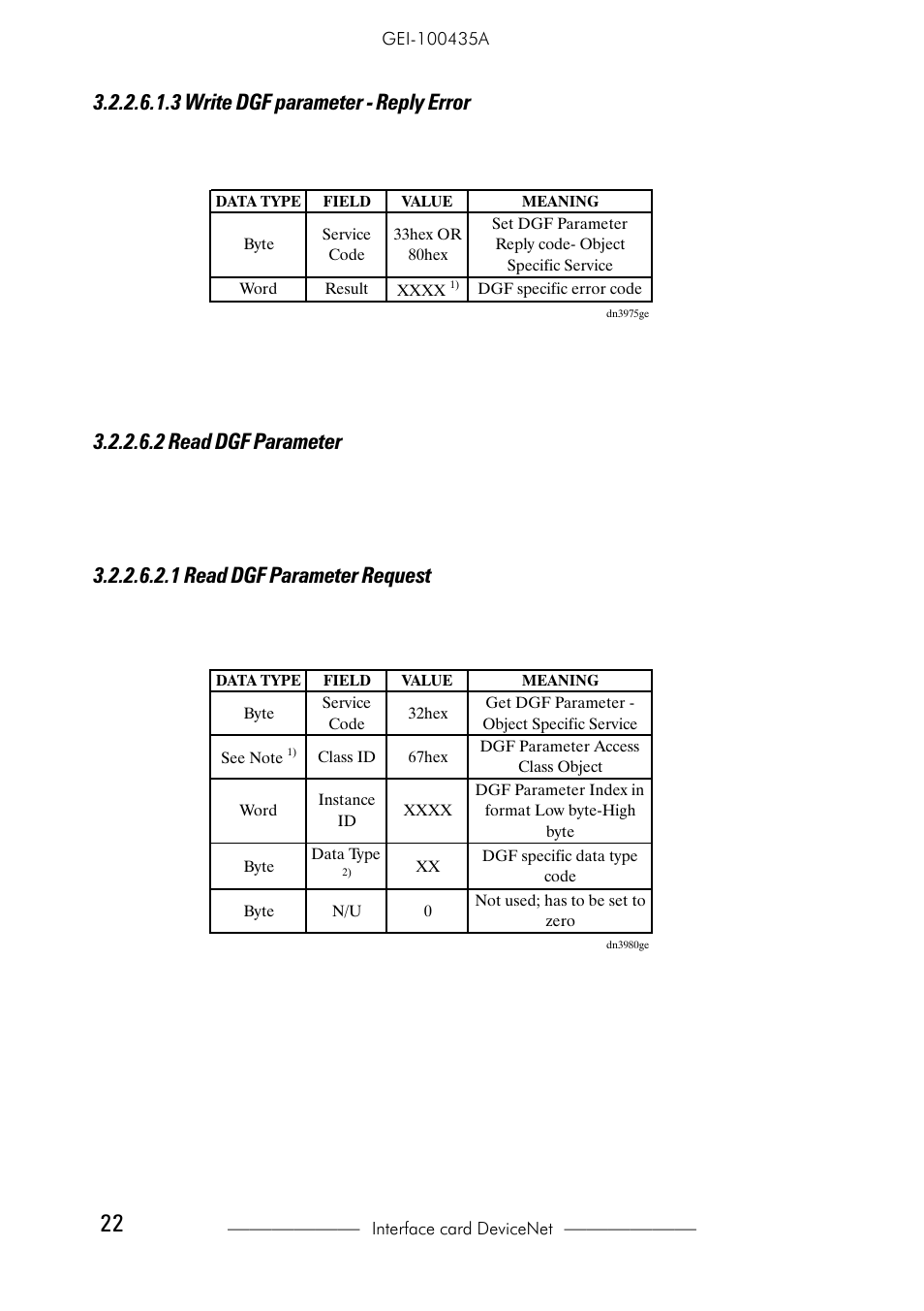 3 write dgf parameter - reply error, 2 read dgf parameter, 1 read dgf parameter request | GE Industrial Solutions 6KCV301DNET User Manual | Page 22 / 36