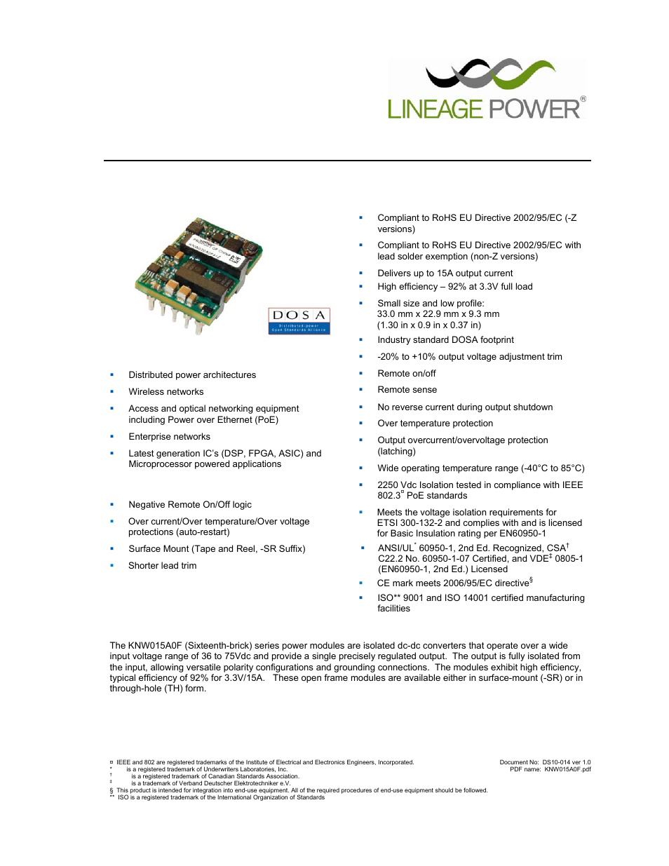 GE Industrial Solutions KNW015A0F (Sixteenth-Brick) User Manual | 16 pages