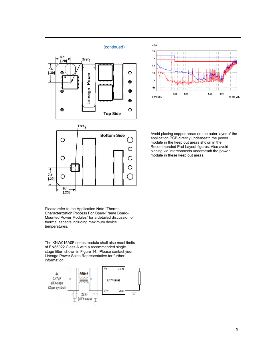 Thermal considerations, Emc considerations, Layout considerations | GE Industrial Solutions KNW015A0F (Sixteenth-Brick) User Manual | Page 9 / 16